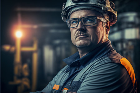 Portrait of a happy professional heavy industry engineer in uniform, goggles and hard hat at a steel mill. Generative AIの素材