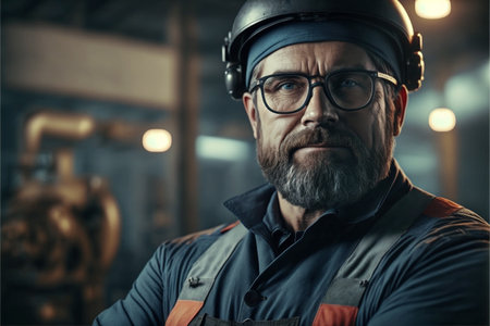 Portrait of a happy professional heavy industry engineer in uniform, goggles and hard hat at a steel mill. Generative AIの素材