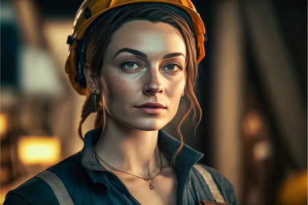 Portrait of a self-confident female construction worker. beautiful young girl construction worker in a helmet. Generative AIの素材