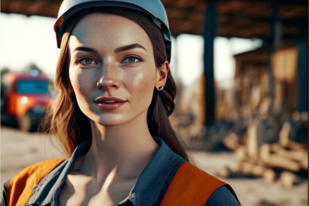Portrait of a self-confident female construction worker. beautiful young girl construction worker in a helmet. Generative AIの素材