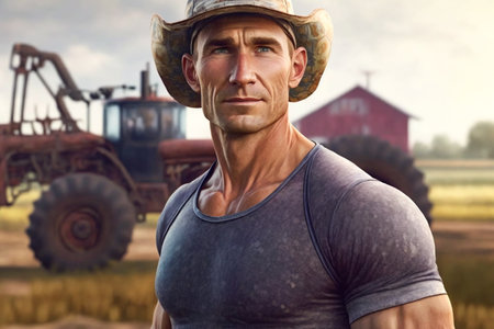 Portrait of a man in a cowboy hat on a background of a tractor.の素材