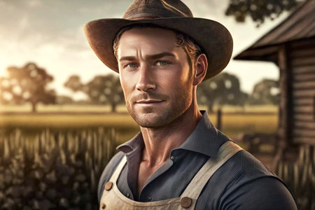 Portrait of a handsome man in a cowboy hat against countryside sceneの素材