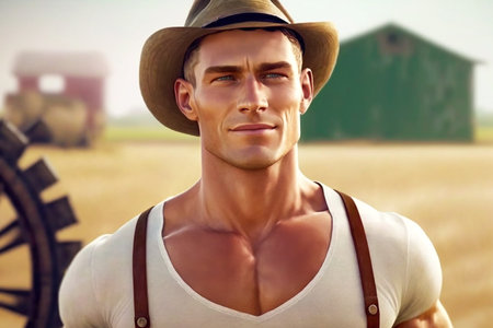 Portrait of a handsome man in cowboy hat on a wheat fieldの素材