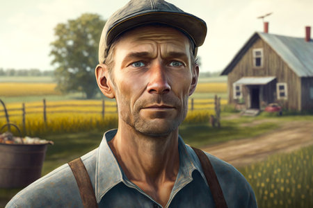 Portrait of a handsome farmer in front of a rustic farmの素材