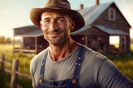 Portrait of a smiling farmer standing in front of a farmhouseの素材