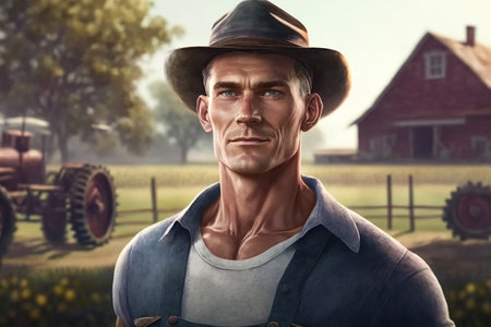 Portrait of a handsome cowboy standing in front of a farm.の素材