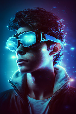 Portrait of a futuristic young man in futuristic glasses. Sci fi concept.の素材