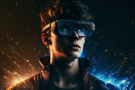 Portrait of a young man in virtual reality glasses. Future technology concept.の素材