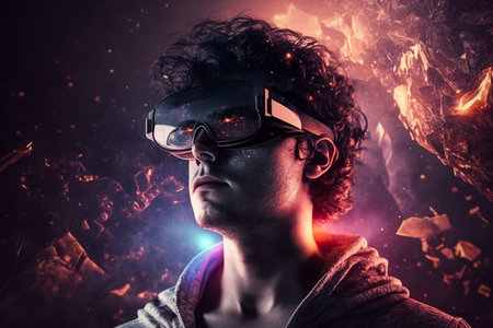 Portrait of a man in virtual reality glasses on a dark backgroundの素材