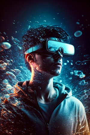 Portrait of a young man in virtual reality glasses on a dark background.の素材