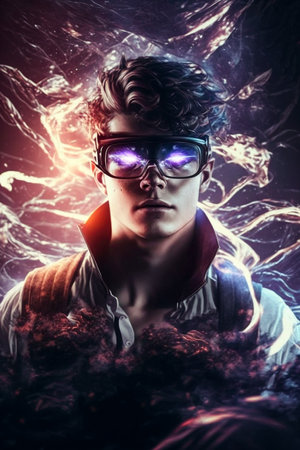 Portrait of a handsome young man with futuristic glasses. Sci fi style.の素材