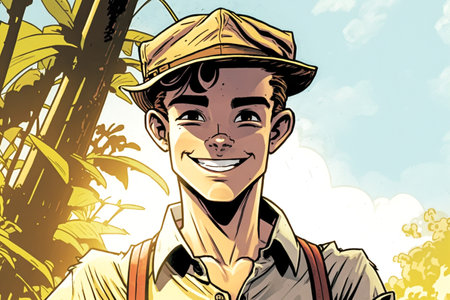 Vector illustration of a smiling man in a hat with a backpack.の素材