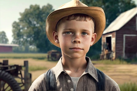 Portrait of a little boy in cowboy hat on farm background.の素材