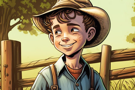 Cartoon boy in cowboy hat smiling and looking at the camera.の素材