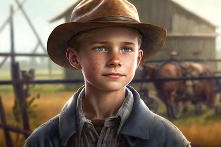 portrait of a boy in a cowboy hat against the background of horsesの素材