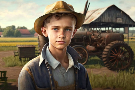 3D rendering of a young boy wearing a cowboy hat standing in front of an old farmの素材