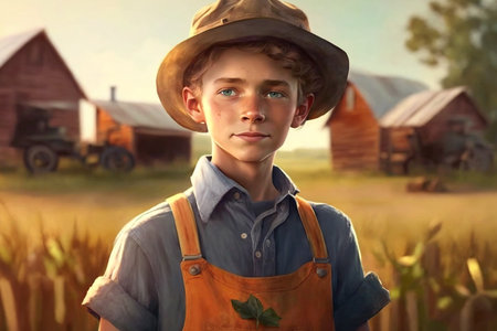 Portrait of a boy in a hat standing in front of a barnの素材