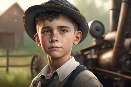 Portrait of a boy in a hat on the background of an old steam locomotiveの素材