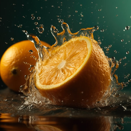 Fresh orange in water splash on dark green background. fresh fruits.の素材