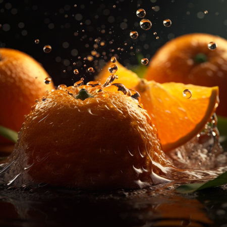 Fresh tangerines with water splash on black background, closeupの素材