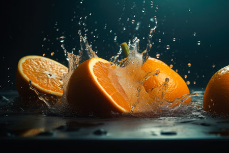 Fresh orange fruit with water splash on dark background. Healthy food concept.の素材