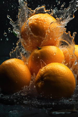 Fresh oranges with water splash on dark background. selective focus.の素材