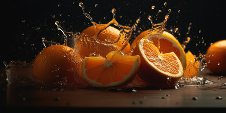Fresh oranges falling into water splashes on wooden table, closeupの素材