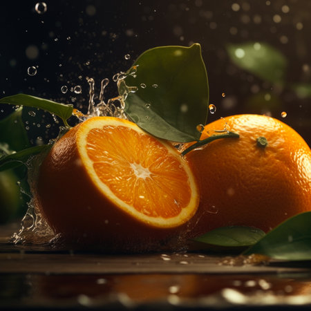 Fresh orange fruit with water splash on dark background. Citrus fruitsの素材