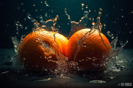 Fresh oranges with water splash on dark background. toned image.の素材