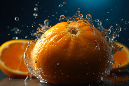 Fresh orange with water splash on dark background. Shallow depth of fieldの素材