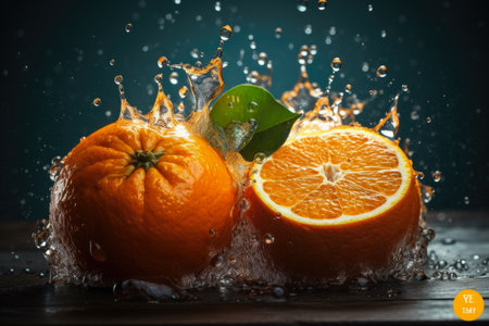 Water splash on orange fruit with drops of water on wooden table.の素材
