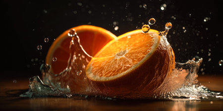Fresh orange fruits falling into water with splash, on dark background.の素材