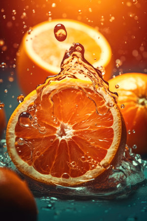 Fresh orange in water splash on dark blue background. Citrus fruitsの素材
