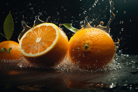 Fresh oranges with water splash on dark background. Healthy food concept.の素材