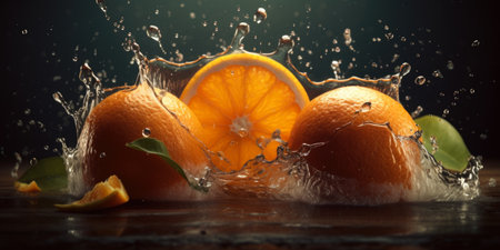 Fresh oranges falling into water with splash on black background, closeupの素材