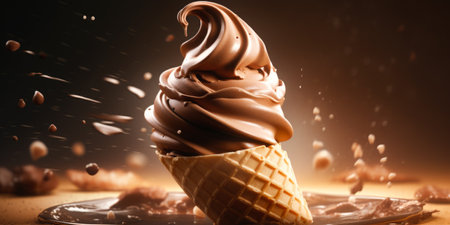 Chocolate ice cream in waffle cone with falling drops.の素材