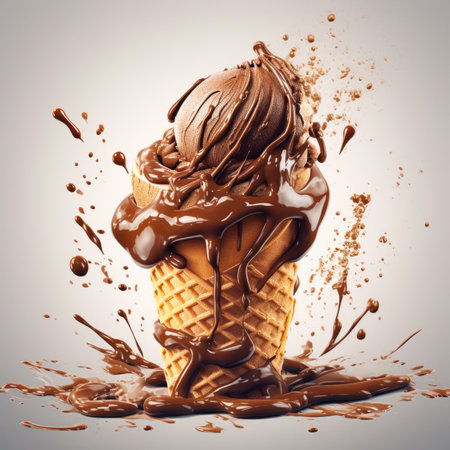 Chocolate ice cream in waffle cone with splashes on gray backgroundの素材