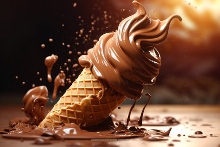 Chocolate ice cream in waffle cone with splash on black backgroundの素材