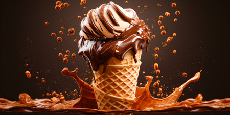 Chocolate ice cream in waffle cone with splashes on dark backgroundの素材