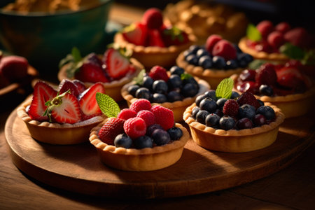 Tartlets with fresh berries on a wooden table. selective focus.の素材