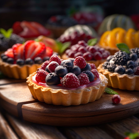 Fruit tartlets with berries on a wooden background. selective focus.の素材