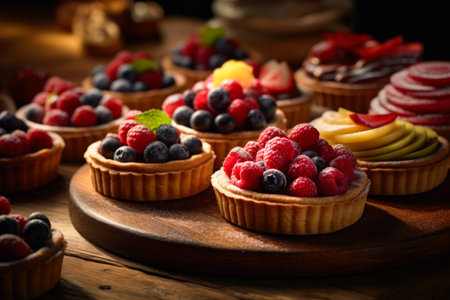 Tartlets with fresh berries on a wooden board. selective focus.の素材