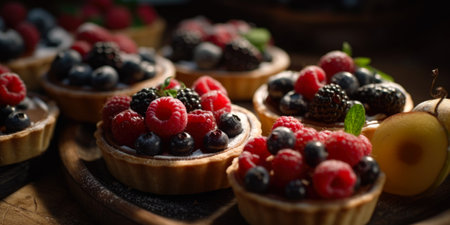 Delicious tartlets with fresh berries on wooden table, closeupの素材