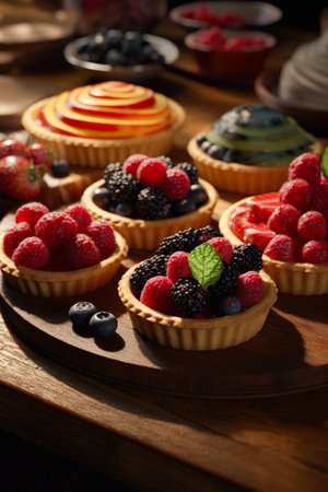 assortment of fruit tartlets on a wooden board, closeupの素材
