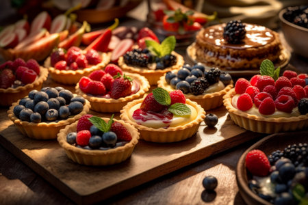Assortment of delicious tartlets with berries on a wooden table.の素材