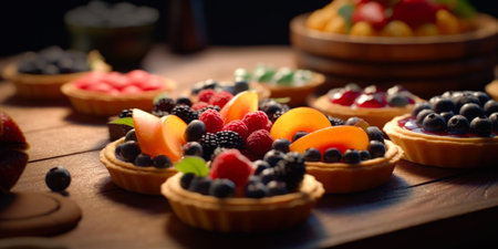Variety of fruit tartlets on wooden table. selective focus.の素材