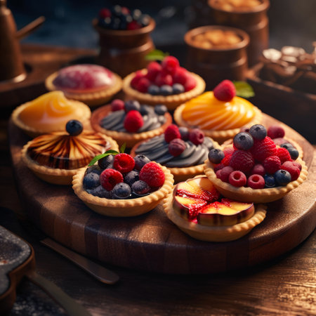 Assortment of tartlets with berries on a wooden background. selective focus.の素材