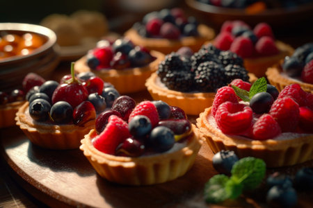 Tasty tartlets with berries and jam on wooden table, closeupの素材