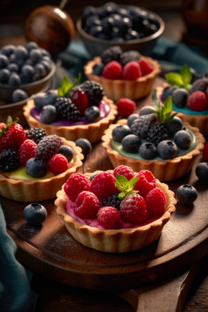 Tartlets with fresh berries on rustic wooden background, selective focusの素材