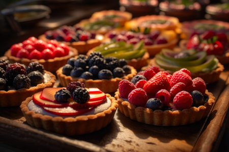 Variety of fruit tartlets on wooden table. selective focus.の素材